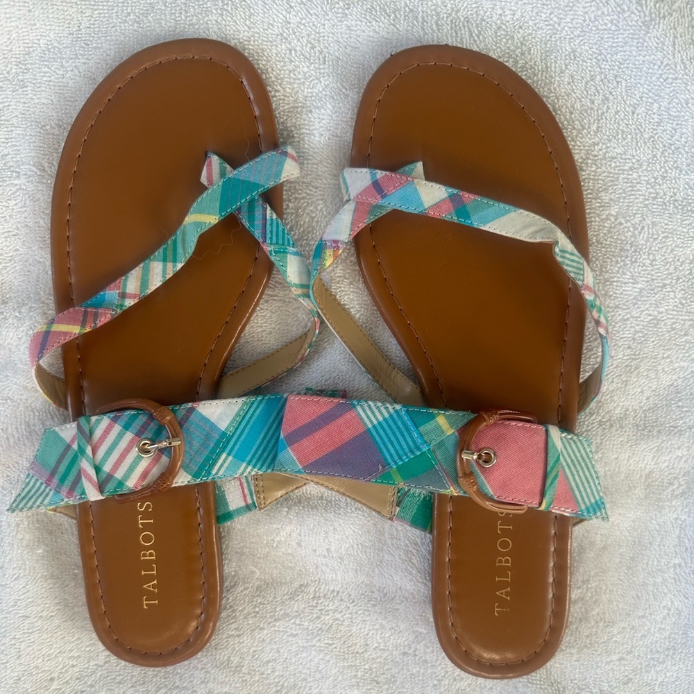 TALBOTS Mari Multicolor Plaid Flip Flop Thong Sandals with buckle Trim size 10